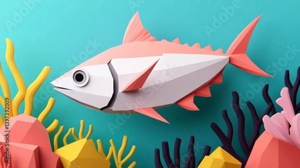 Fototapeta Colorful 3D Illustration of a Tuna Fish Swimming Among Vibrant Coral Reefs in a Pastel Underwater Scene