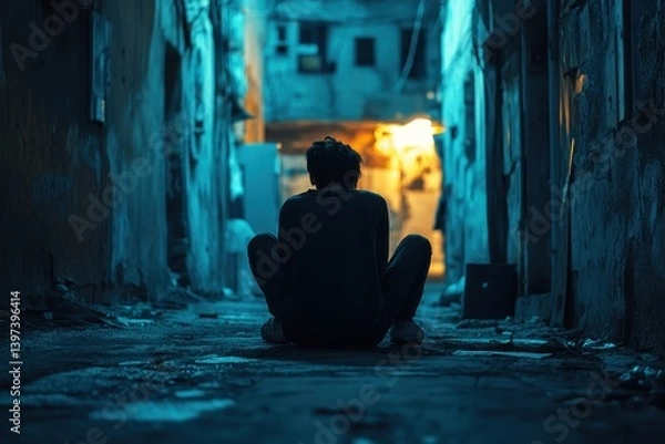 Fototapeta Rear view of a man sitting in a dark, narrow city alleyway at night. Can be used to illustrate loneliness, depression, or urban isolation.
