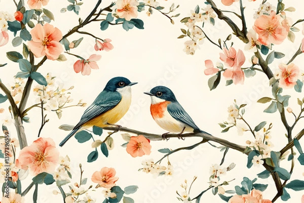 Obraz Two birds perched on a branch with peach blossoms