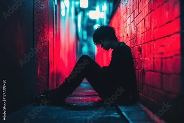 Fototapeta Silhouette of a person sits in a neon lit alley, facing downward. Can be used for themes of isolation, urban life, or dark feelings.