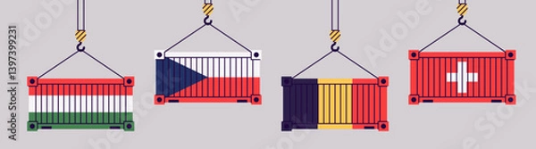 Fototapeta Cargo containers isolated. Freight shipping box hanging on crane hook. Flat style vector illustration. Hungary, Czechia, Romania, Switzerland flags. International import and export trade.