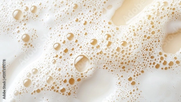 Fototapeta Close-up of creamy foam texture on a frothy beverage surface, showcasing bubbles and smooth white consistency.