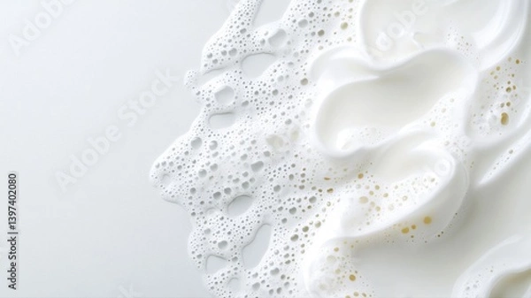 Fototapeta Close-up of creamy white foam with bubbles creating an abstract texture, flowing on a smooth surface.