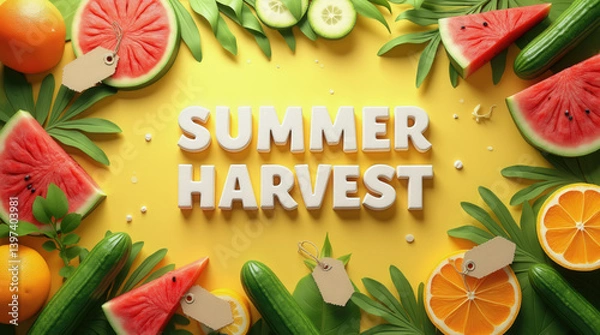 Obraz A colorful arrangement highlights summer harvest with slices of watermelon, oranges, cucumbers, and decorative leaves, creating an inviting atmosphere for seasonal celebrations