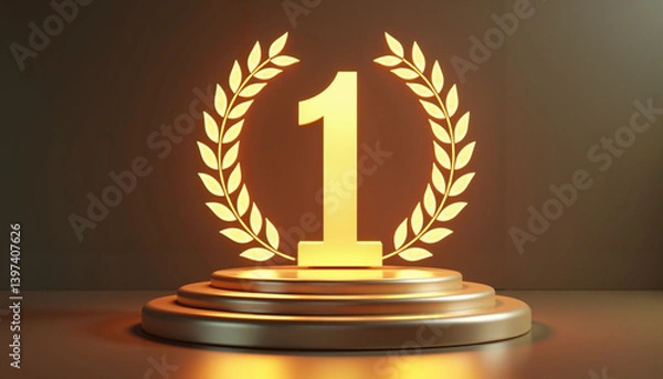 Fototapeta Golden number one with laurel branches on dark background, victory