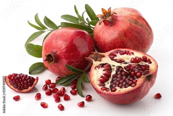Fototapeta "A high-resolution studio shot featuring two whole pomegranates alongside a halved pomegranate that reveals its vibrant ruby-red seeds. The fruits are arranged on a clean white background with a few s