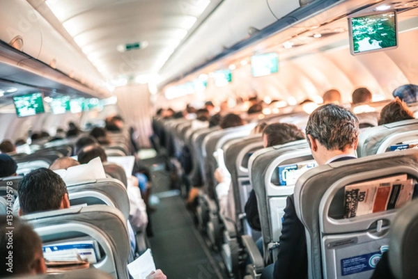 Fototapeta Interior of airplane with passengers on seats and stewardess in uniform walking the aisle, serving people. Commercial economy flight service concept
