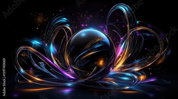 Fototapeta A vibrant, abstract design featuring a central orb surrounded by colorful light trails and swirls against a dark background.
