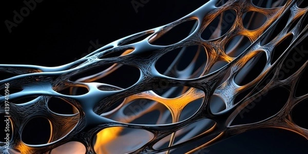 Obraz A dynamic, abstract structure featuring intricate patterns and glowing elements, showcasing a blend of organic and technological aesthetics.
