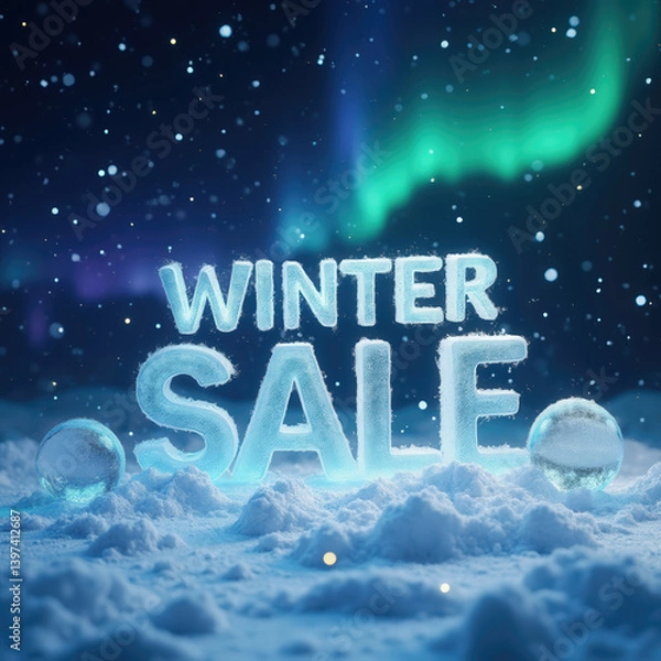 Obraz A vibrant winter sale is showcased against a backdrop of falling snow and the enchanting northern lights. The eye-catching text is illuminated with a magical glow, enticing customers