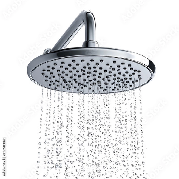 Fototapeta Chrome shower head water flowing down black background