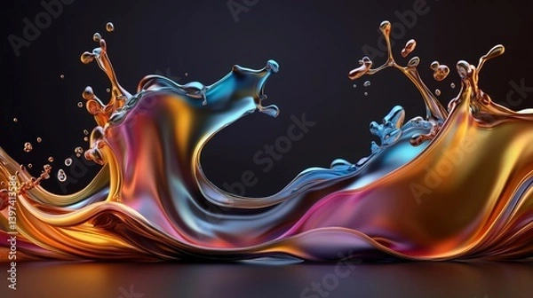 Fototapeta A vibrant, abstract representation of flowing liquid, featuring colorful waves and splashes against a dark background.
