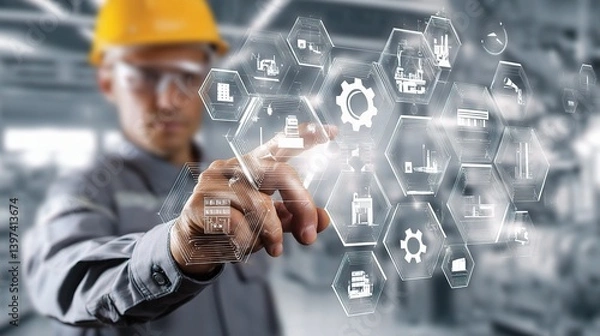 Fototapeta Industrial Engineer Interacting with Digital Interface in Factory