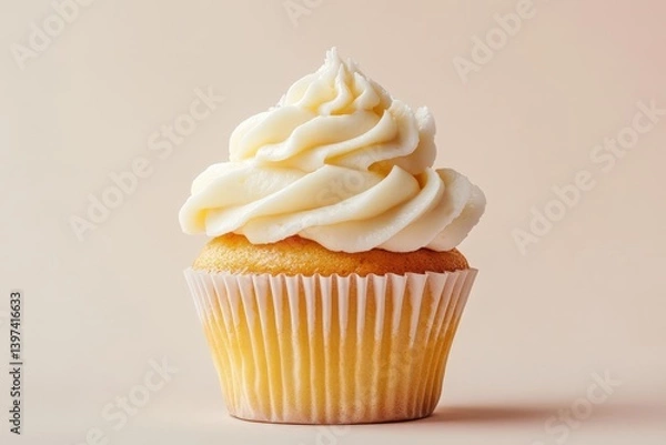 Fototapeta Delicious freshly baked cupcake with creamy frosting on a neutral background