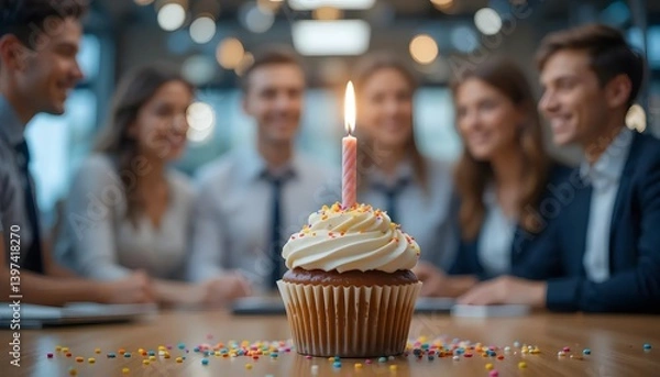 Fototapeta A celebratory cupcake with a single candle, surrounded by smiling colleagues, marking a joyous office birthday with warm, soft lighting.