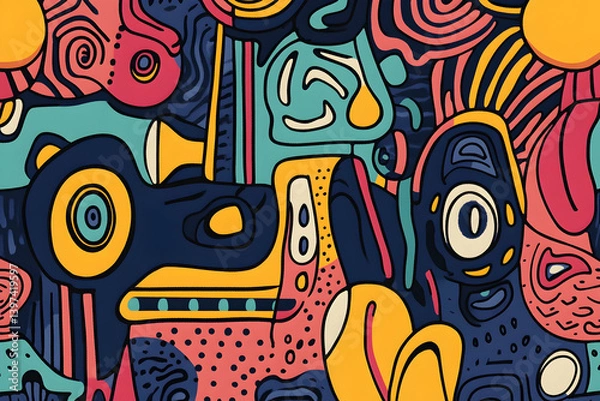 Fototapeta Colorful abstract shapes and lines doodle pattern