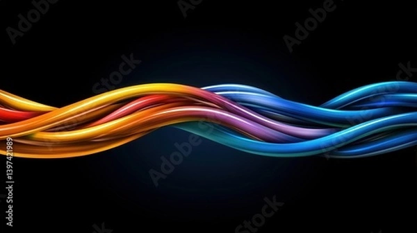Obraz A vibrant wave of colorful lines flowing elegantly against a dark background, creating a dynamic and artistic visual experience.
