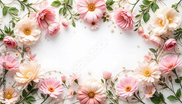 Fototapeta A serene floral background with watercolor-inspired flowers arranged around a central white space.