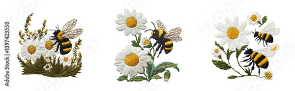 Obraz Intricate embroidered bees and daisies in detailed textile art, cut out - stock png