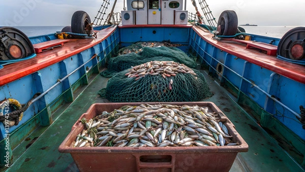 Fototapeta tariff barrierFishing boat loaded with fresh catch, showcasing bounty of sea despite tariff barriers
