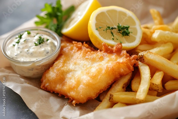 Fototapeta A fish and chips meal with lemon and tartar sauce