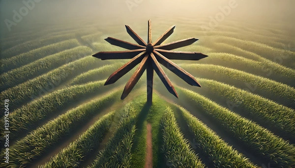 Obraz 放射状に沢山の分岐路と案内板のある草原