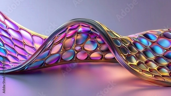 Obraz A vibrant, flowing structure with a web-like pattern, showcasing iridescent colors against a soft background.