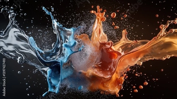 Fototapeta A vibrant splash of blue and orange liquid collides in a dynamic display, creating an eye-catching and artistic visual against a dark background.