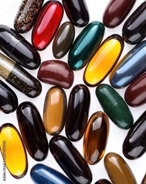 Fototapeta Assorted softgel capsules of various colors and shapes forming scattered layout on dark background in shiny therapeutic visual for supplement marketing and pharmaceutical design context