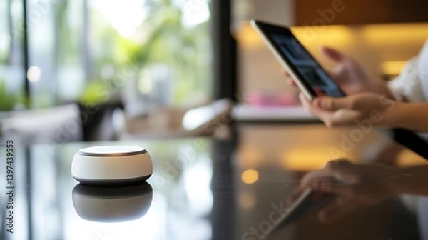 Fototapeta A person interacting with a digital device in a modern kitchen setting featuring a small smart home gadget on a sleek countertop, emphasizing technology and lifestyle