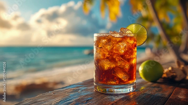 Fototapeta Refreshing Cuba libre cocktail sits on a wooden table by the beach during sunset
