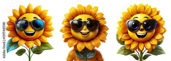 Fototapeta Close-up and front view. Cartoon character of happy smiling sunflower wearing sunglasses, isolated on transparent or white background. Png. Collection and variation. Generative Ai.