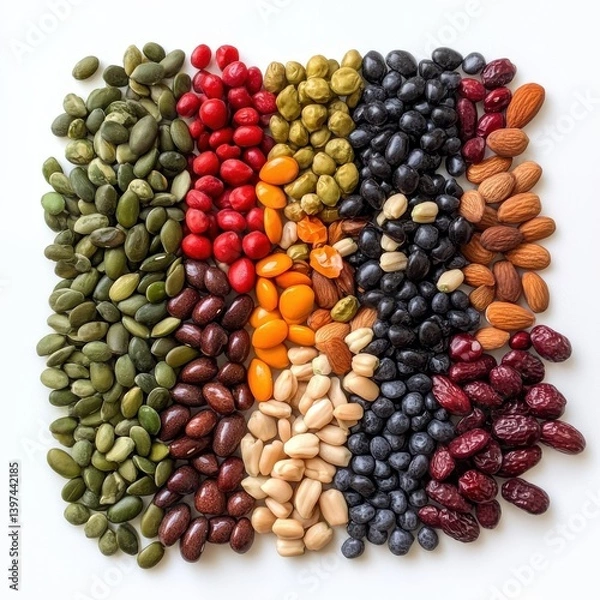 Fototapeta Vertical columns of dry legumes and pulses arranged by color on white surface showing symmetry and variation in natural ingredients and food type presentation