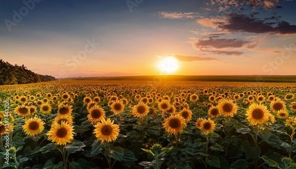 Fototapeta Field of Sunflowers as the sun sets on a late summer afternoon