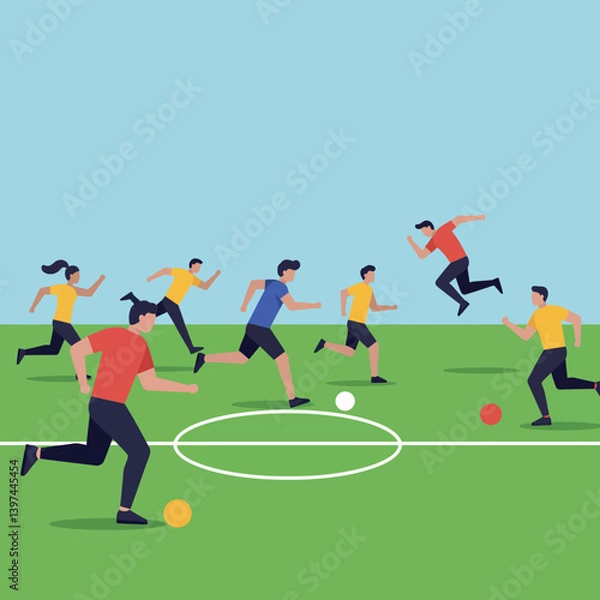 Fototapeta Dynamic soccer players in colorful uniforms running energetically on a green field, showcasing teamwork and enthusiasm in a flat vector illustration