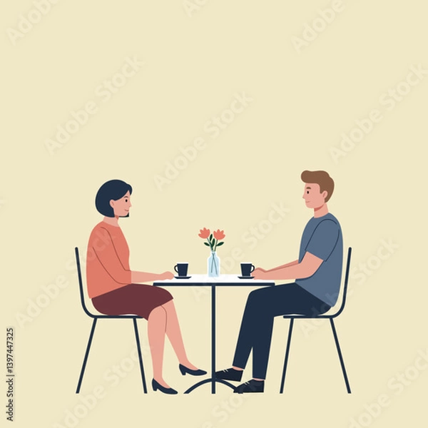 Fototapeta Two people sitting at a small table in a cozy café, enjoying coffee, in a flat vector illustration