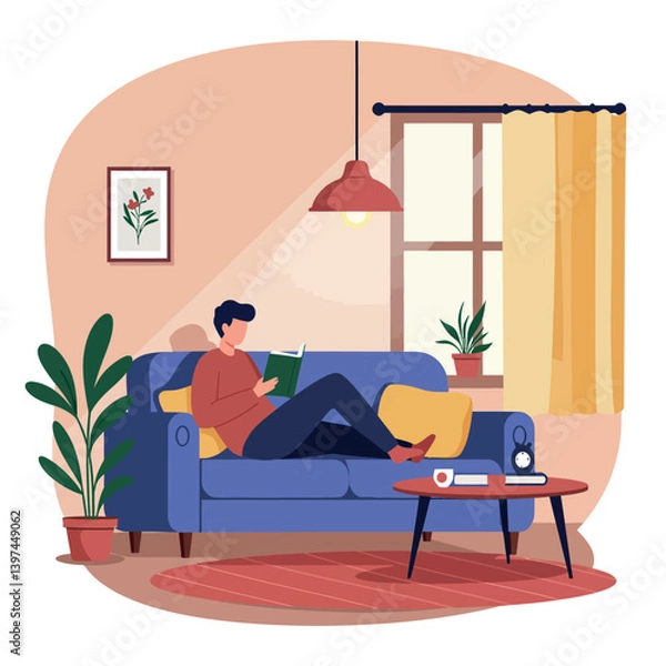 Fototapeta A young man reading a book on a cozy blue couch in a bright, minimalistic living room, surrounded by plants, warm lighting, vector illustration