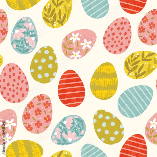 Fototapeta Colorful hand drawn Easter Eggs seamless pattern, cute decorative design, great for textiles, wrapping paper, cloths, backgrounds, wallpaper - vector