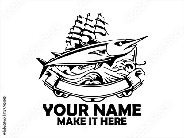 Fototapeta Detailed emblem featuring a frigate tuna fish, flanked by nautical and naval elements like wings, anchors, marine concept, tuna fish vector design and illustration tuna fish logo