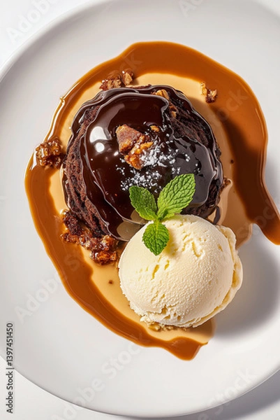Obraz View from above on chocolate lava cake, with melted cholate on top with a ball of creamy vanilla ice cream.