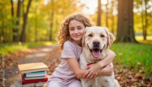 Fototapeta Girl hugging a Labrador dog on forest path, friendship and love
