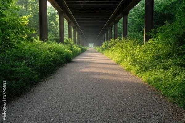 Obraz Pathway illuminated under wooden structure, surrounded by lush g