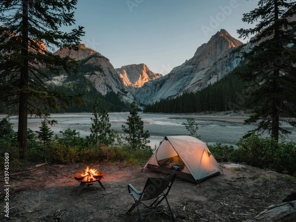 Obraz Minimalist campsite at twilight by a mountain river with a glowing campfire and a single tent