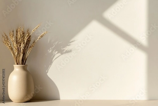 Obraz Minimalist vase displays dried flowers casting soft shadows on p