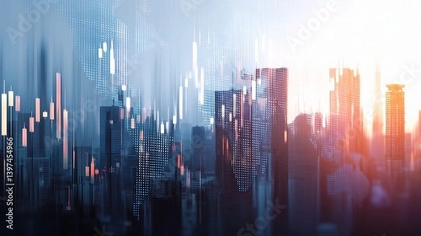 Fototapeta Abstract Double Exposure Financial Graph Over Cityscape at Sunset