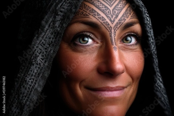 Fototapeta Woman with tribal inspired geometric makeup and hooded garment smiling in studio setting representing cultural pride identity and creative tradition