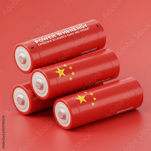 Obraz Red Chinese Flag Batteries Power Energy Stack Renewable Clean Sustainable china source future growth