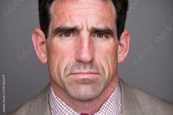 Fototapeta Middle aged man in suit with intense expression staring straight ahead against neutral grey studio background under dramatic sharp lighting