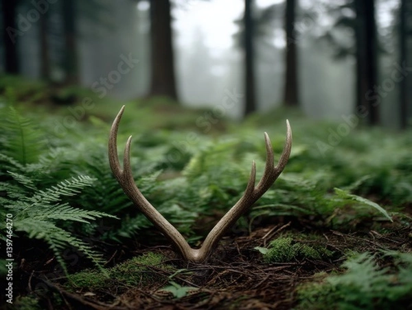 Fototapeta Green forest floor with moss and antlers surrounded by soft fog and sunlight in early morning atmosphere representing nature silence and wildlife presence
