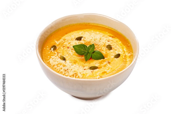 Fototapeta Indulge in a Deliciously Creamy Soup that features a Garnish of Fresh Basil and an Array of Spices